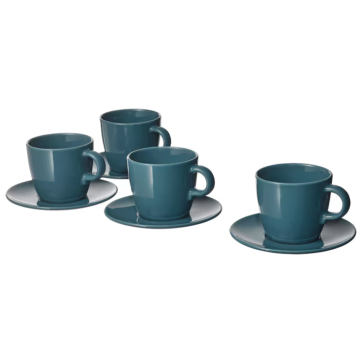 FARGKLAR Cup with saucer, glossy dark turquoise, 25 cl